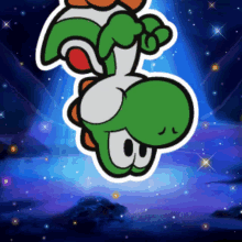 a sticker of yoshi hanging upside down in the air