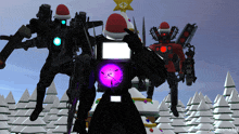 three robots wearing santa hats are standing in front of a snowy forest