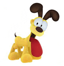 a stuffed dog with brown ears and a red scarf around his neck .