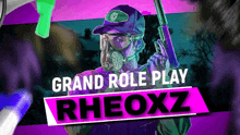 a man wearing a gas mask is holding a gun in a video game advertisement for grand role play rheoxz .