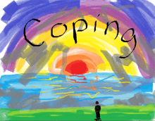 a painting of a sunset with the word coping in black