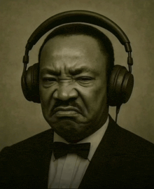 a man wearing headphones and a bow tie makes a funny face