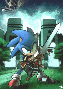 a painting of sonic the hedgehog holding a sword with the letters nk below him