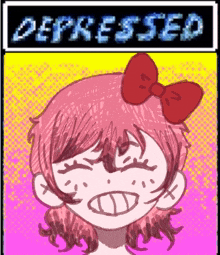 a drawing of a girl with pink hair and a red bow with the word depressed above her head