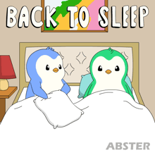a cartoon of two penguins in a bed with the words " back to sleep " above them