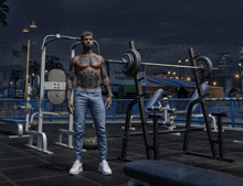 a tattooed man stands in front of a gym with a sign that says smart & earthquake