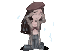 a cartoon girl with a beret is crying