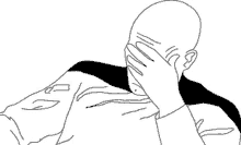 a black and white drawing of a bald man covering his face .