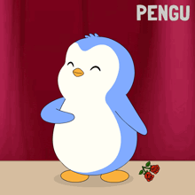 a cartoon penguin is standing in front of a red curtain with the word pengu written above it