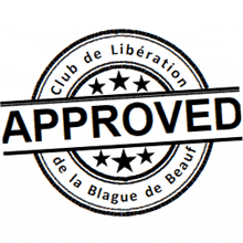 a black and white stamp that says club de liberation approved de la blague de beauf