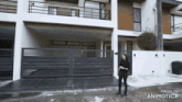 a woman is standing in front of a house that is made in animatica