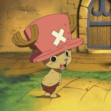 tony tony chopper from one piece wearing a pink hat with an x on it