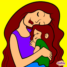 a cartoon of a woman holding a child with playkids written on the bottom right