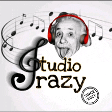 albert einstein wearing red headphones is on a poster for studio crazy