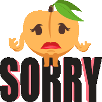 an illustration of a peach with a green leaf and the word sorry below it