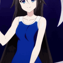 a girl with long black hair and blue eyes is wearing a blue dress