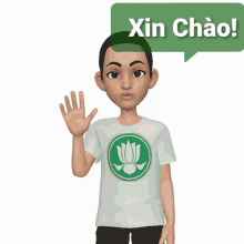 a cartoon character with a green speech bubble that says xin chào