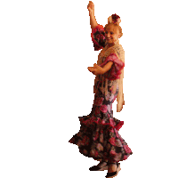 a woman in a floral dress is dancing with her arm up