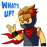 a cartoon of a ninja with the words " what 's up " above him