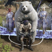 a man in armor is sitting on a bear 's back