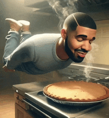 a man is flying over a pie on the stove