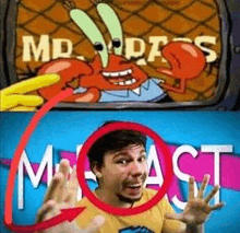 a man is standing in front of a screen with a crab on it and a circle around him .