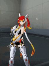 a girl with red hair is standing in front of a wall with a triangle on it