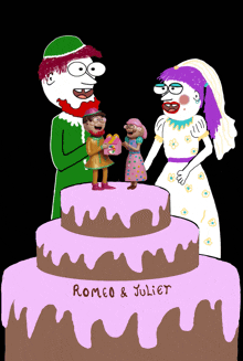 a cartoon drawing of romeo and juliet standing on top of a cake