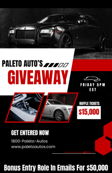 a poster for paleto auto 's giveaway with a black car on it