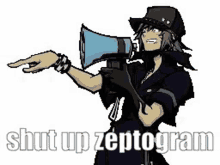 a man in a hat is holding a megaphone and pointing at it .