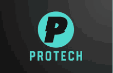 a logo for protech shows a letter p in a blue circle on a black background