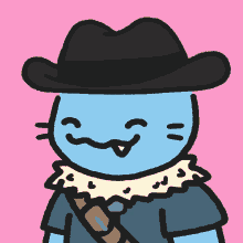 a cartoon drawing of a blue cat wearing a hat