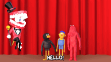 a group of cartoon characters are standing in front of a red curtain with the words hello on the bottom right