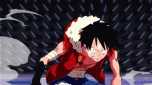 monkey d luffy from one piece is holding a sword in his hand and looking angry .