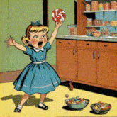 a little girl in a blue dress is holding a lollipop in a kitchen