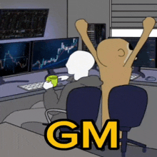 a cartoon of a man sitting in front of a computer with the word gm on the bottom right