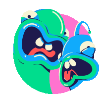 a green and blue cartoon character with their mouths open