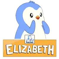 a blue and white penguin is standing next to a sign that says " elizabeth "