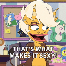 a cartoon character with horns and the words that 's what makes it sexy