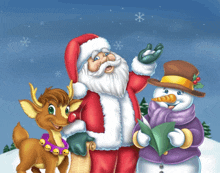 a cartoon of santa claus reindeer and snowman singing christmas songs