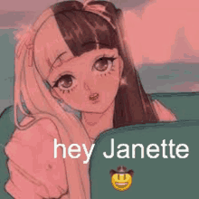 a girl is sitting in a car with the words `` hey janette '' .