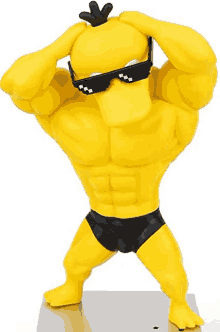 a statue of a muscular yellow duck wearing sunglasses and underwear