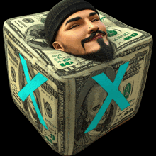 a cube of money with a man 's head on it