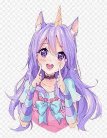 a cute anime girl with purple hair and a unicorn horn