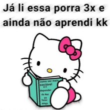 a cartoon of hello kitty reading a book with a pink bow on her head .