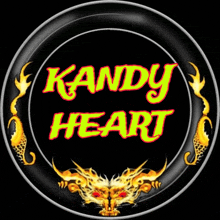 a black circle with kandy heart written in yellow