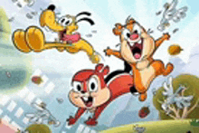 chip n dale and pluto are flying through the air in a cartoon scene .