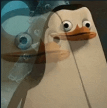 a penguin from spongebob squarepants is standing next to another penguin in a mirror .