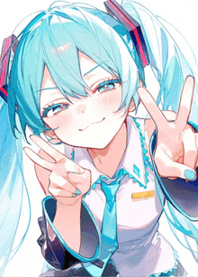 a girl with blue hair and headphones giving the peace sign