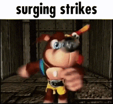 a picture of a cartoon character with the words `` surging strikes '' written above it .